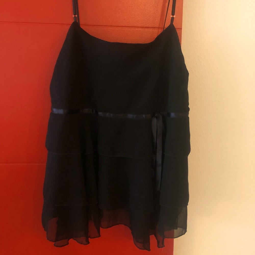 Periscope black spaghetti strap top w/ adjustable straps, lace bow and ruffles